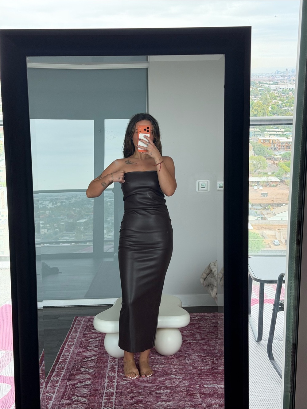 White Fox Boutique Black Strapless Faux-Leather Midi Dress